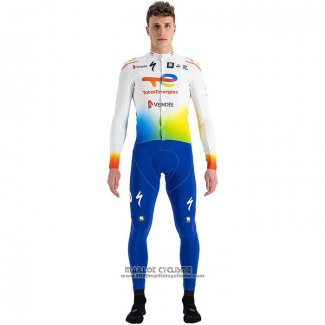 2022 Maillot Cyclisme Direct Energie Blanc Jaune Bleu Manches Longues et Cuissard