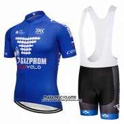 2018 Maillot Ciclismo Gazprom Rusvelo Bleu et Blanc Manches Courtes et Cuissard