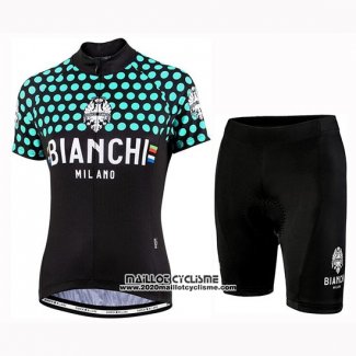 2019 Maillot Ciclismo Femme Bianchi Dot Noir Vert Manches Courtes et Cuissard