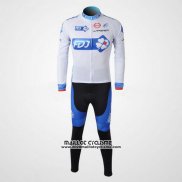 2010 Maillot Ciclismo FDJ Blanc et Bleu Clair Manches Longues et Cuissard