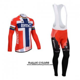 2014 Maillot Ciclismo BMC Champion Norvege Bleu et Rouge Manches Longues et Cuissard