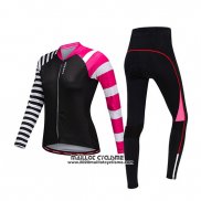 2019 Maillot Ciclismo Femme Wosawe Noir Blanc Rose Manches Longues et Cuissard