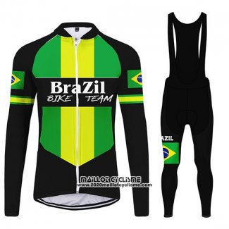 2020 Maillot Ciclismo Bresil Noir Vert Manches Longues et Cuissard