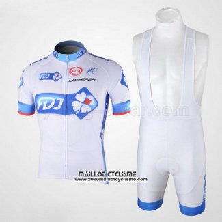 2010 Maillot Ciclismo FDJ Blanc et Bleu Clair Manches Courtes et Cuissard