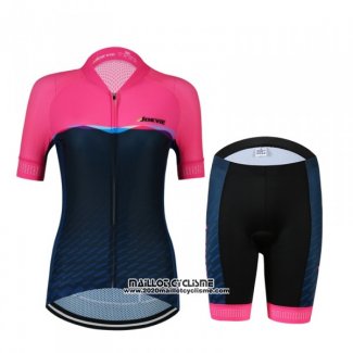 2018 Maillot Ciclismo Femme Jokvie Rose Fonce Bleu Manches Courtes et Cuissard