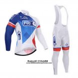 2015 Maillot Ciclismo FDJ Blanc et Bleu Manches Longues et Cuissard