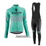 2016 Maillot Ciclismo Femme Bianchi Noir et Vert Manches Longues et Cuissard