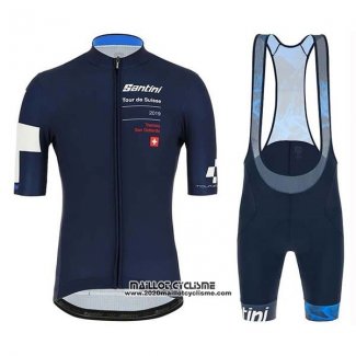 2019 Maillot Ciclismo Tour DE Suisse Fonce Bleu Blanc Manches Courtes et Cuissard