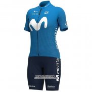 2020 Maillot Ciclismo Femme Movistar Blanc Bleu Manches Courtes et Cuissard