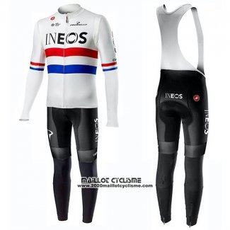 2019 Maillot Ciclismo Ineos Champion Uk Blanc Manches Longues et Cuissard