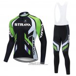 2021 Maillot Cyclisme STRAVA Noir Vert Manches Longues et Cuissard