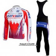 2011 Maillot Ciclismo Katusha Blanc et Rouge Manches Longues et Cuissard