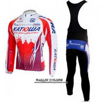 2011 Maillot Ciclismo Katusha Blanc et Rouge Manches Longues et Cuissard