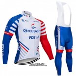 2018 Maillot Ciclismo Groupama FDJ Blanc Bleu Rouge Manches Longues et Cuissard
