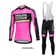 2018 Maillot Ciclismo Manzana Postobon Rose Manches Longues et Cuissard