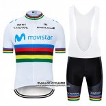 2019 Maillot Ciclismo UCI Mondo Champion Movistar Blanc Bleu Manches Courtes et Cuissard