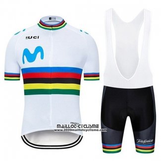 2019 Maillot Ciclismo UCI Mondo Champion Movistar Blanc Manches Courtes et Cuissard
