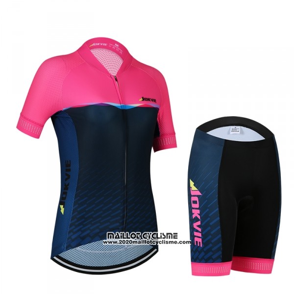 2018 Maillot Ciclismo Femme Jokvie Rose Fonce Bleu Manches Courtes et Cuissard