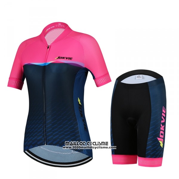2018 Maillot Ciclismo Femme Jokvie Rose Fonce Bleu Manches Courtes et Cuissard