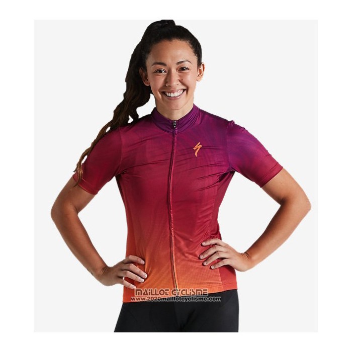 2021 Maillot Cyclisme Femme Specialized Rouge Orange Manches Courtes et Cuissard