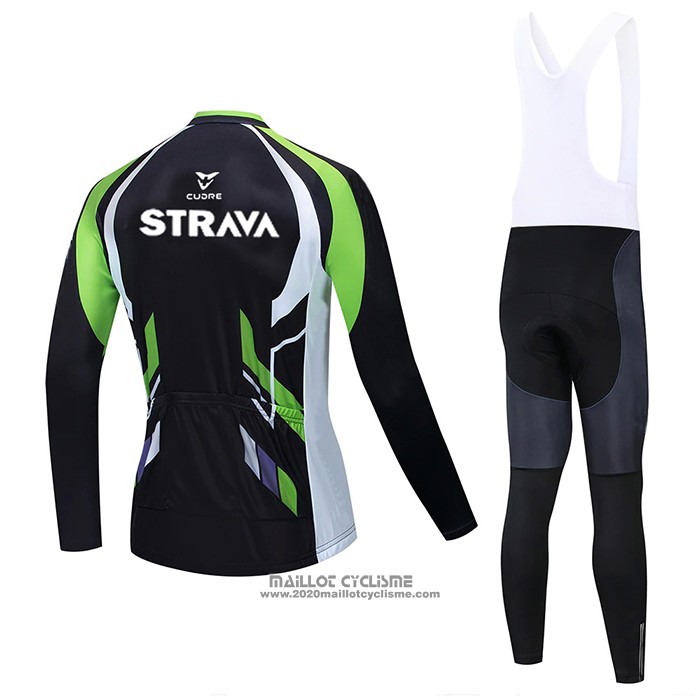 2021 Maillot Cyclisme STRAVA Noir Vert Manches Longues et Cuissard