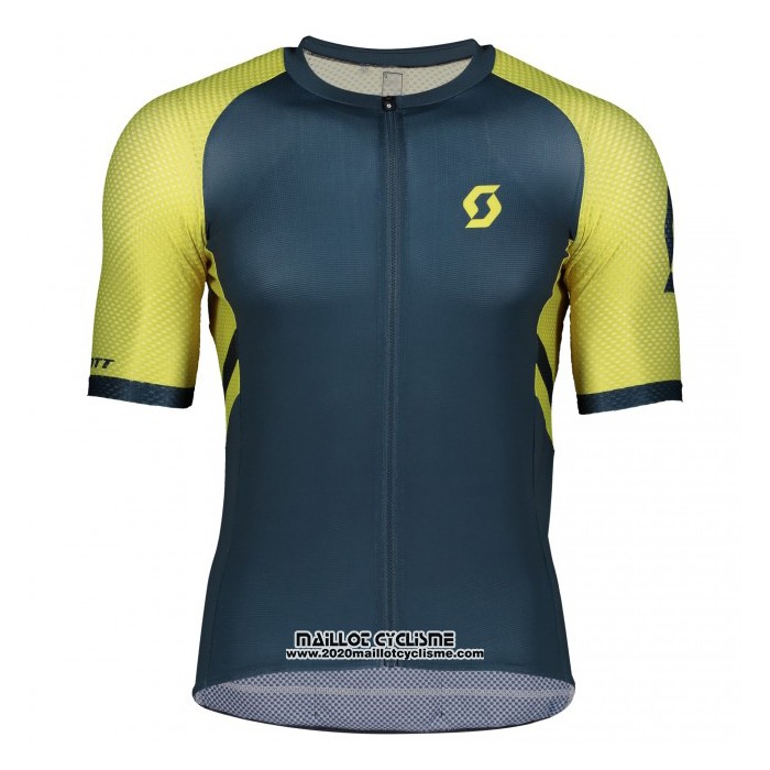 2021 Maillot Cyclisme Scott Jaune Fonce Bleu Manches Courtes et Cuissard