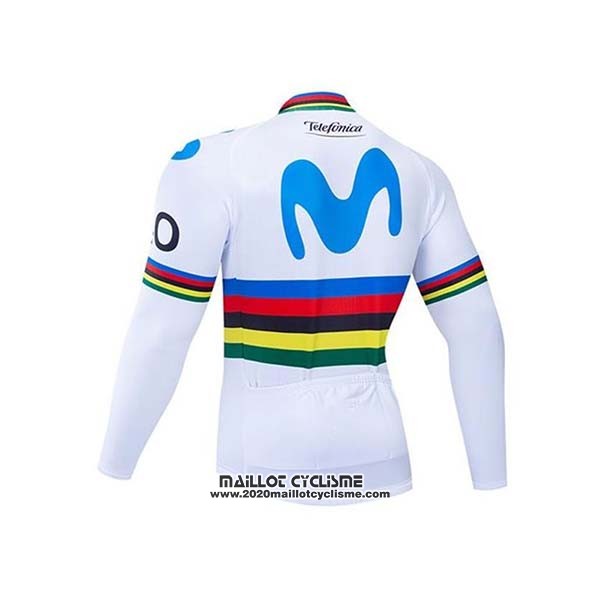 2020 Maillot Ciclismo UCI Mondo Champion Movistar Blanc Bleu Manches Longues et Cuissard